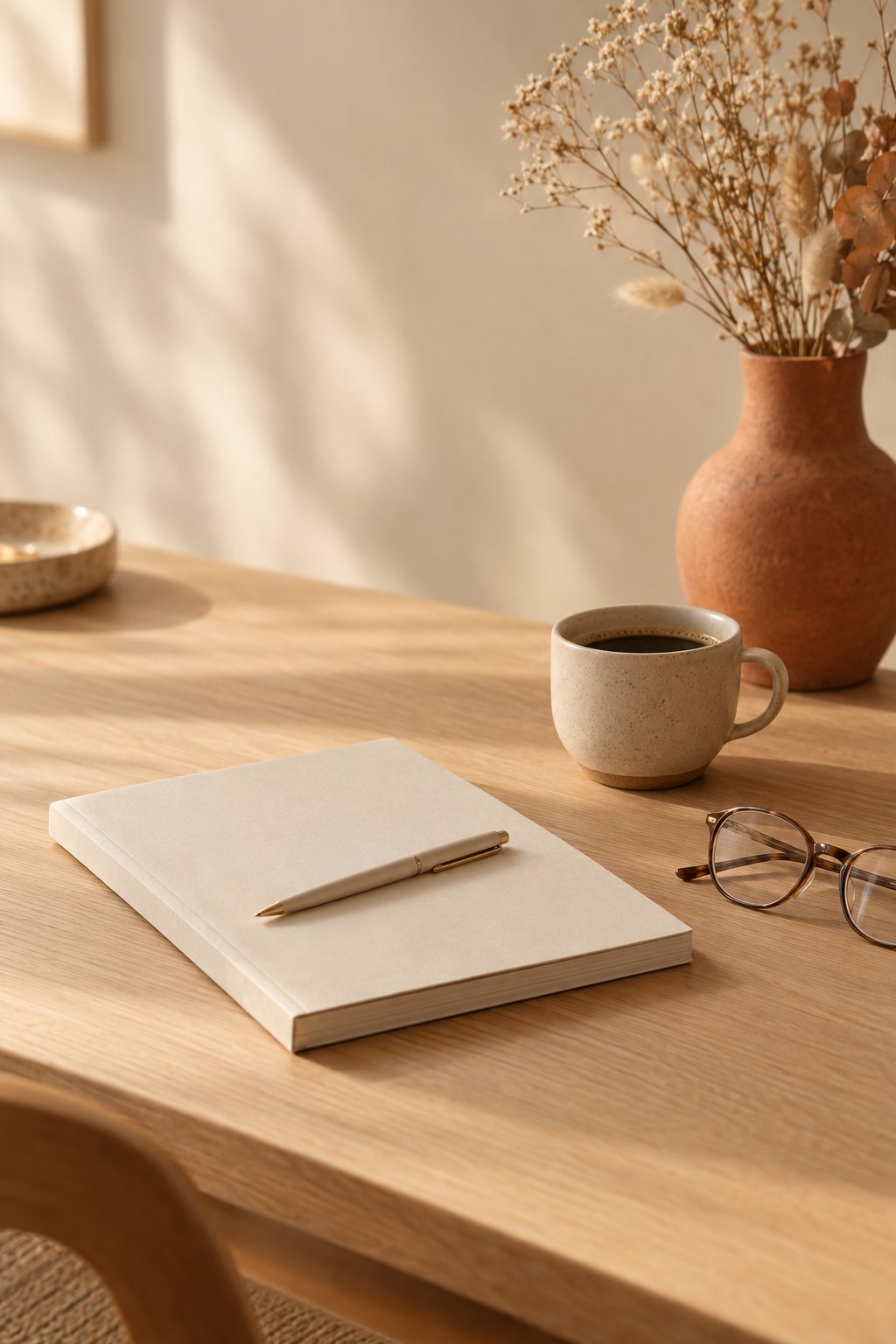 A consultant’s desk in warm morning light with a printed audit report, pen and coffee