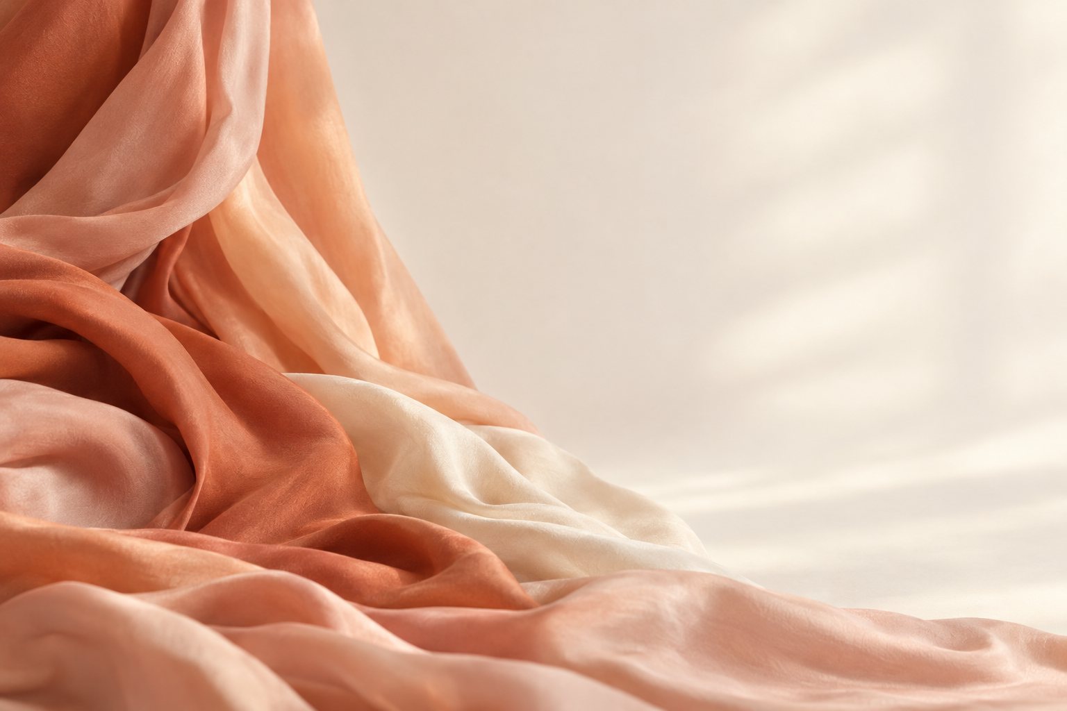 Draped silk fabric in warm apricot and terracotta tones